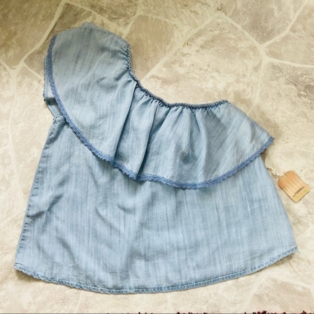 NWT TAYLOR & SAG one shoulder ruffle denim blue jean shirt size small